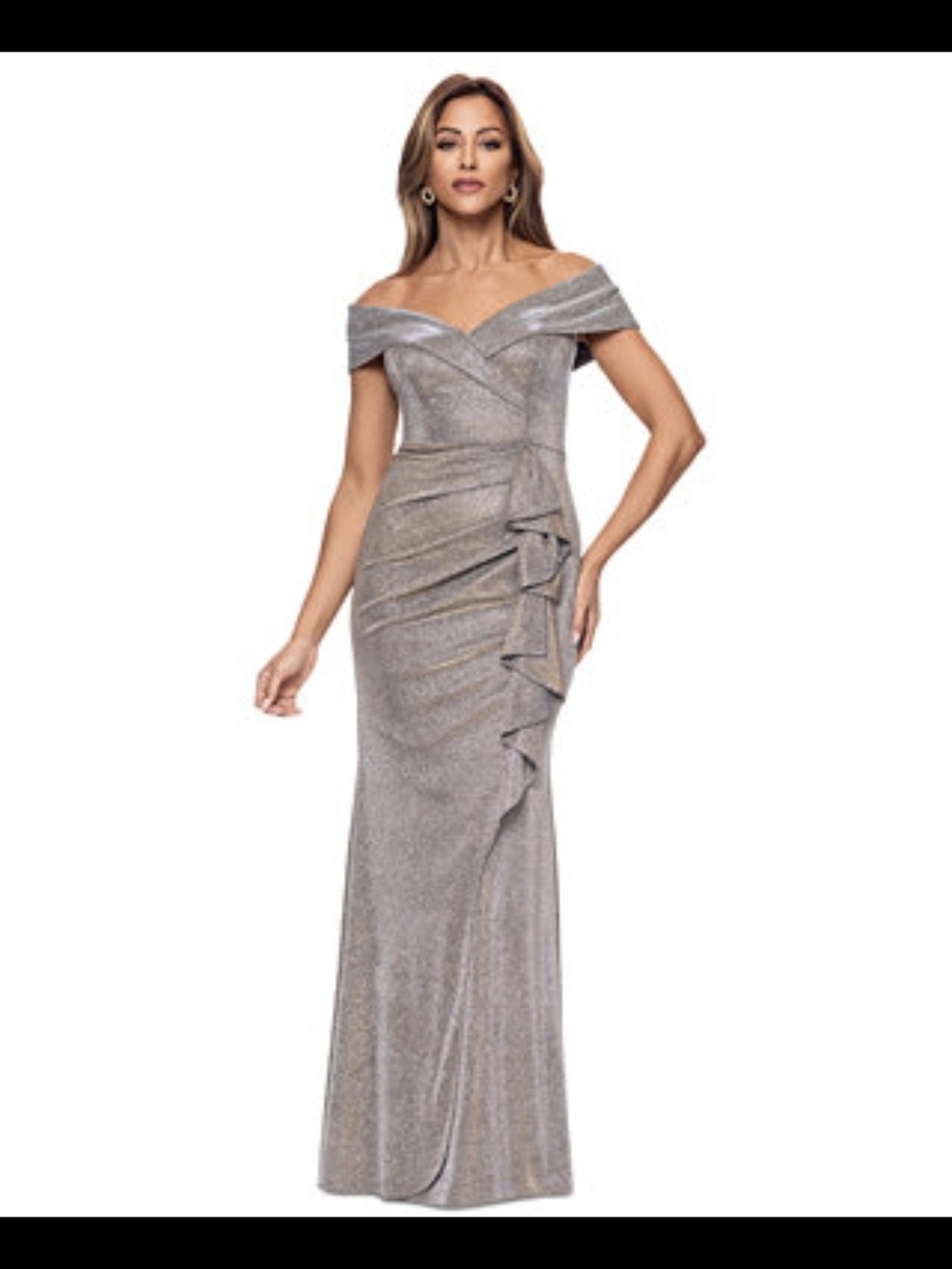 Off-Shoulder Shimmering Evening Gown - Gold